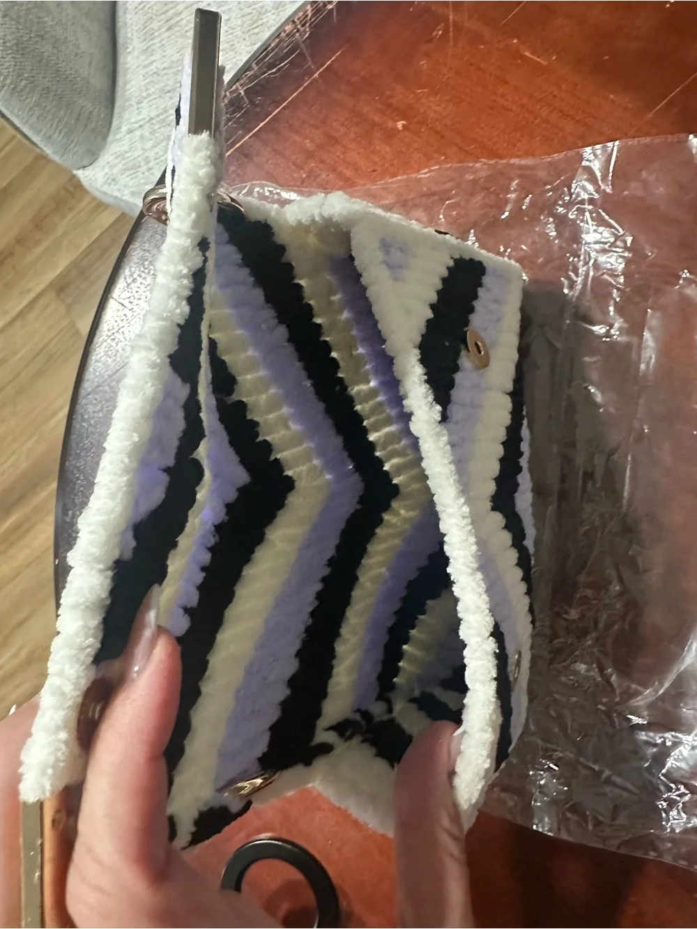 Handmade Chevron Clutch in Cream, Black & Lavender